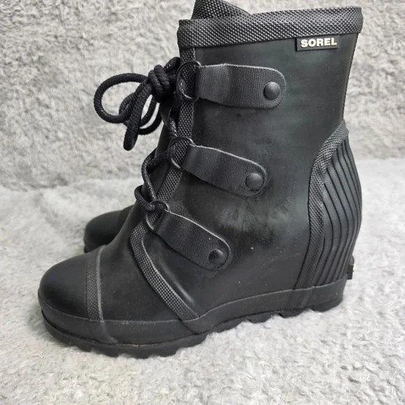 Sorel‎ Medina IV Wedge Rain Boot Black Rubber Combat Goth Snow Women 8.5
