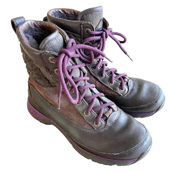 UGG Womens Brown Leather Quilted Thinsulate Insulated Winter Lace Up Boots, Sz 7