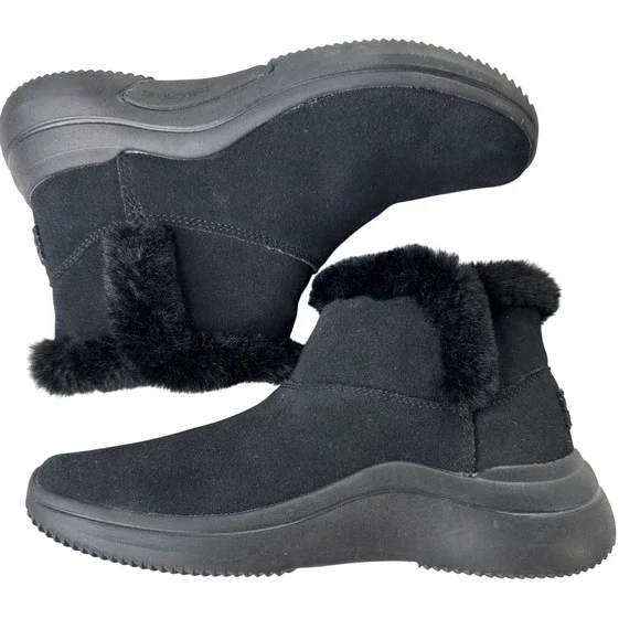 Skechers On-the-GO Joy Women Black Suede Faux Fur Trim Winter Ankle Boots
