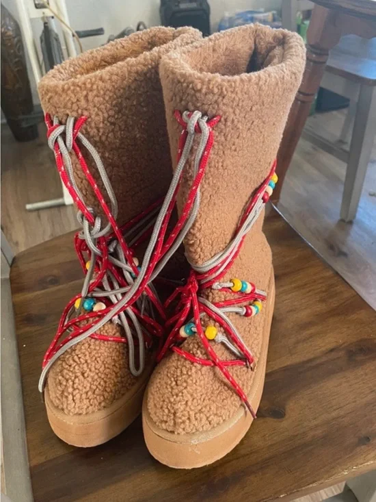 EGO Tan Sherpa Lace-Up Beaded Platform Boots