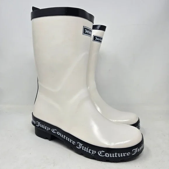 Juicy Couture Totally Cream Black Logo Tape Rubber Rain Boots Womens Size 7