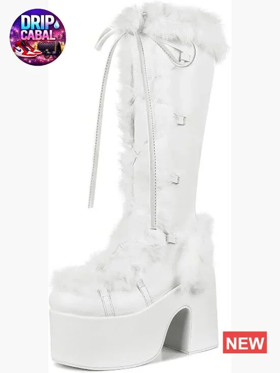 Knee High Boots Side Zipper Faux Fur Platform Chunky Heel Punk Goth Winter Snow