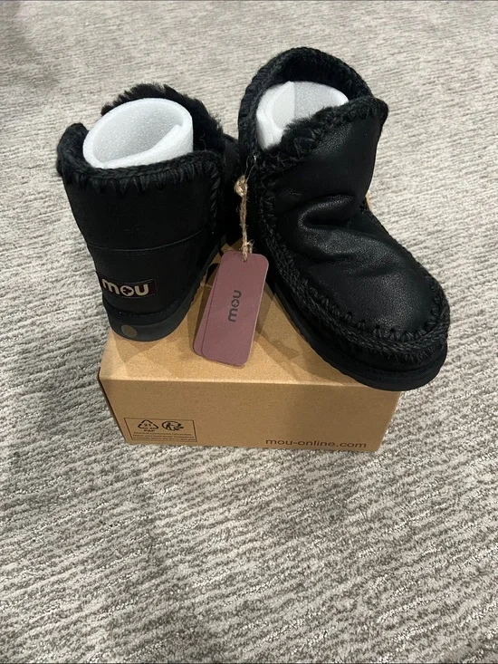 Mou Black Shearling-Trim Leather Ankle Booties