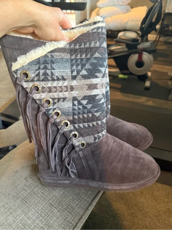 BearPaw Brown Suede Fringe Knit-Cuff Women's Western Cozy Boots