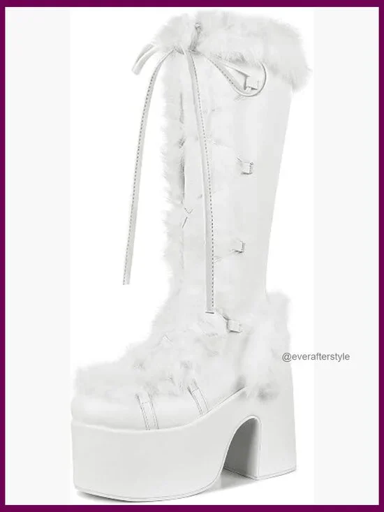 Knee High Boots Side Zipper Faux Fur Platform Chunky Heel Punk Goth Winter Snow