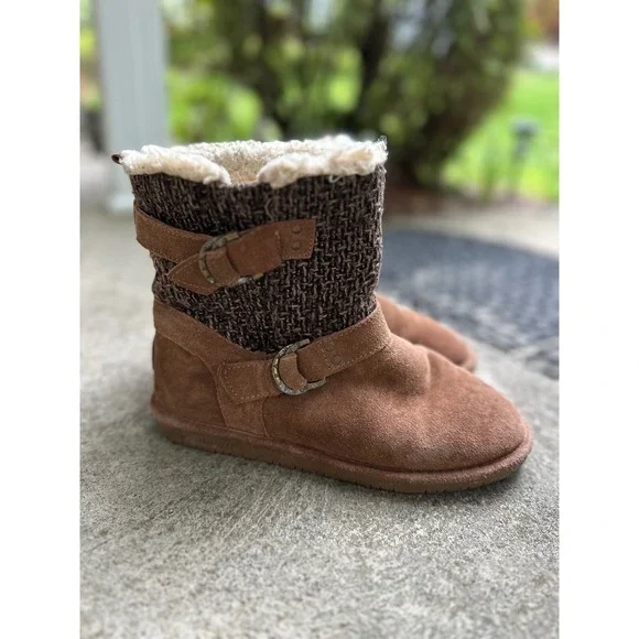 Bearpaw Suede Shearling‎ Boots Knit Cuff Buckle Accent Brown Winter Warm Sz 9