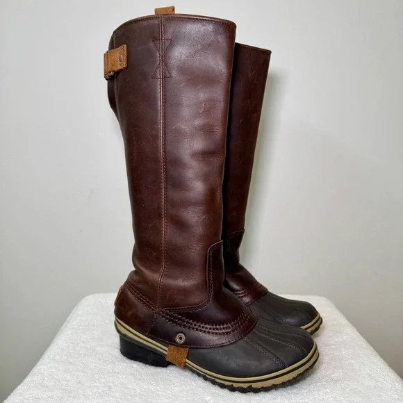 Sorel Slimpack Riding Tall Women 7.5 Brown Leather Tall Waterproof Duck Boots