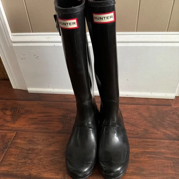 Hunter Original Tall Gloss Rain Boots Women 8 Black Waterproof Wellington Fisher