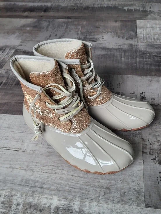 Ocean Coast Womens Duck Rain Boots Beige Shimmer Gold Size 6