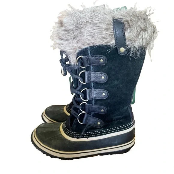 Sorel Joan of Arctic Boots Black / Stone Faux Fur Trim Waterproof Tall Snow 8.5