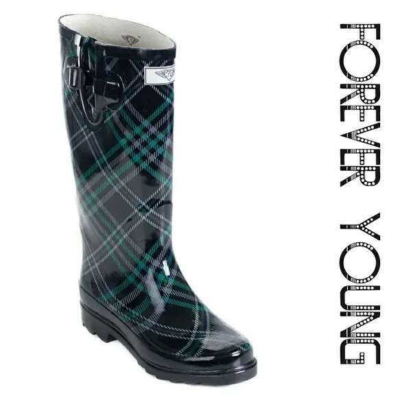 Women Rain Boots, Tall Waterproof Rubber Rainboots, RB-1506, Plaid