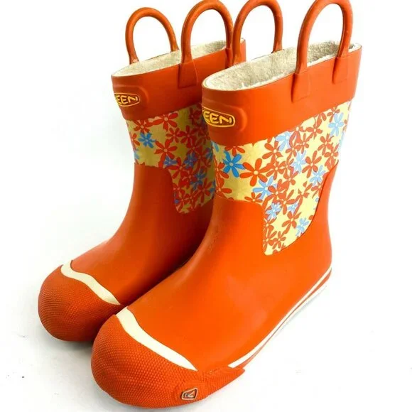 Keen Women's Orange Microfleece Lined Floral Waterproof Rain Boots‎ Size US 5