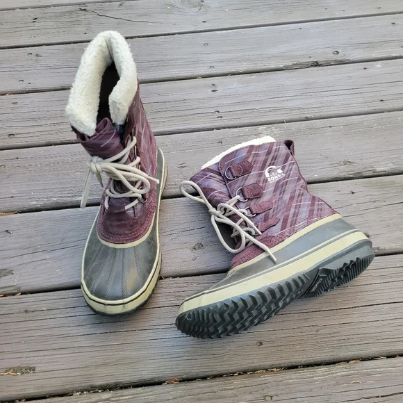 Sorel 1964 Pac Purple White Plaid Leather Sherpa Pile Winter Snow Duck Boots‎