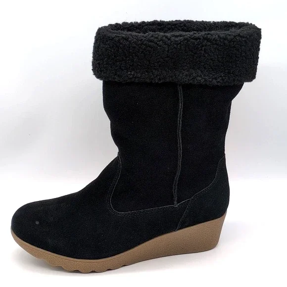 Lands End Shoes Womens Black 9.5 Suede Winter Boots Faux Fur Lined Wedge Pull On
