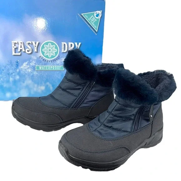 Easy Street Frosty Easy Dry Waterproof Faux Fur Winter Ankle Boots Navy‎ 6M NIB