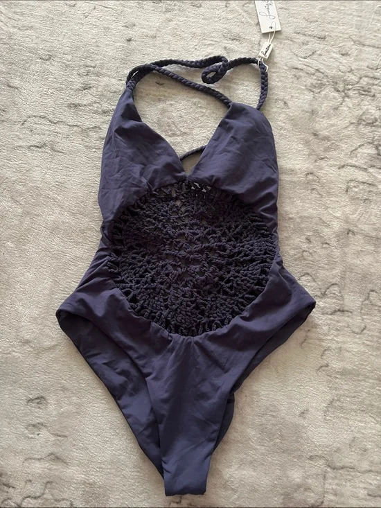 Frankie’s Bikinis One-Piece Swimsuit with Crochet Front in Navy