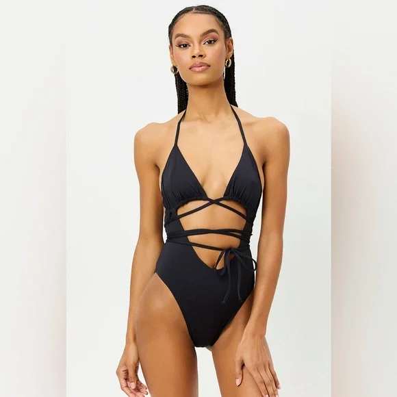 Frankie's Bikinis Black Wrap One-Piece Swimsuit