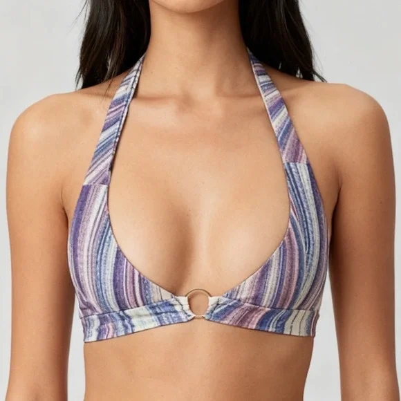 Frankie's Bikinis Purple & Blue Striped Halter Bikini Top