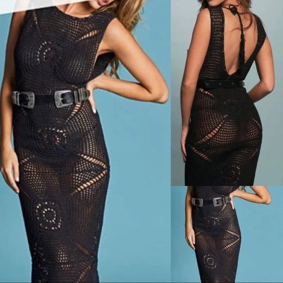 Frankie's Bikinis Black Crochet Midi Coverup Dress