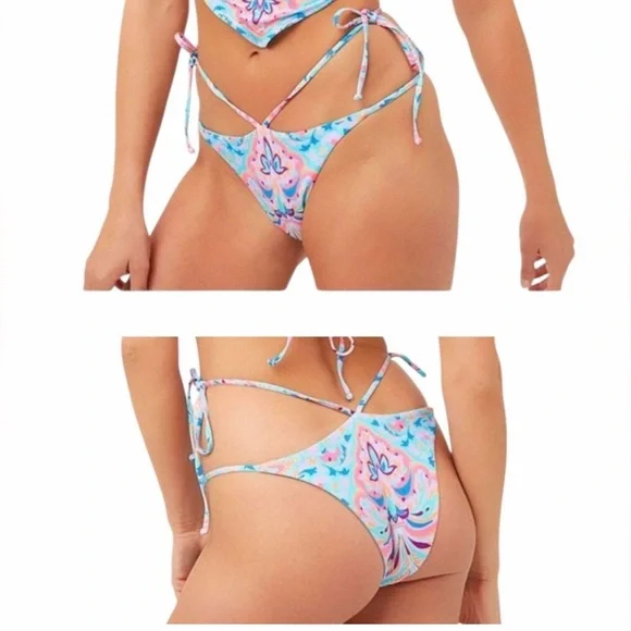 Frankies Bikinis Halo (Bottom Only) Blue Pink Paisley String Bikini Bottoms NWT