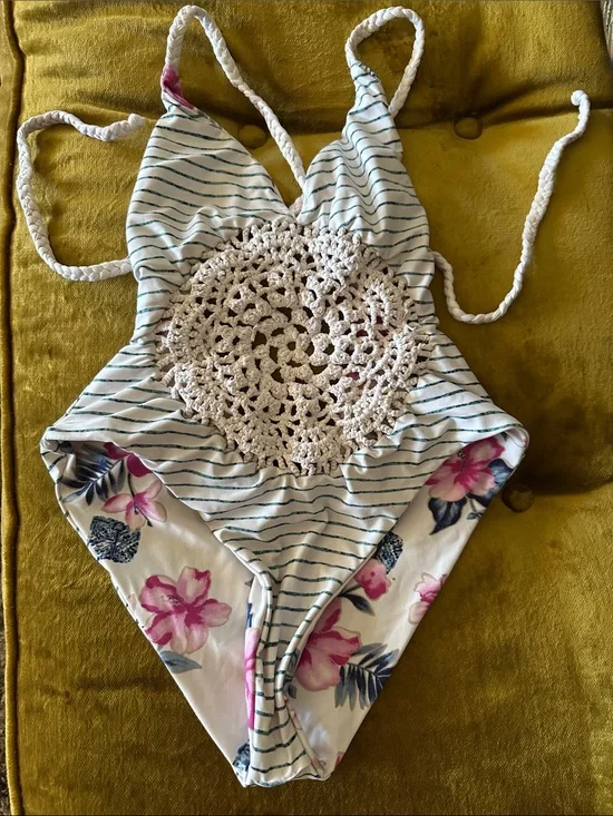 Frankie’s Reversible Striped/Floral Crochet One-Piece Swimsuit - Pink & Blue
