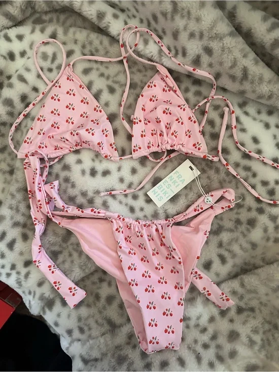Frankie's Bikinis Pink Cherry Print Triangle String Bikini