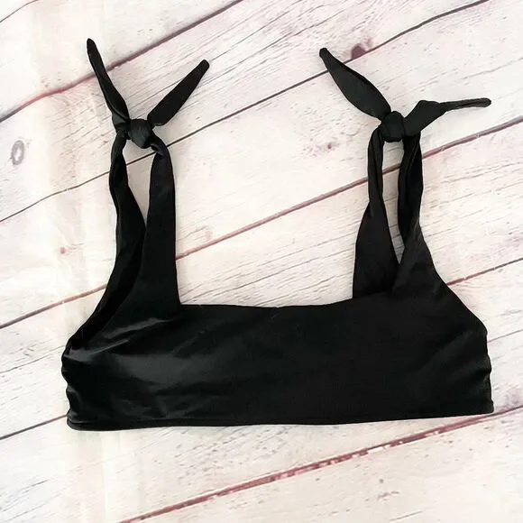 Frankie's Bikinis Black Square Neck Shoulder Tie Knot Strap Bikini Top Small
