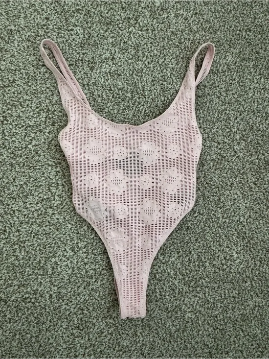 Frankie’s Bikinis Pink Crochet One-Piece Swimsuit