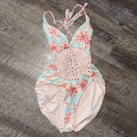 Frankies bikini floral crochet cut out one piece swimsuit