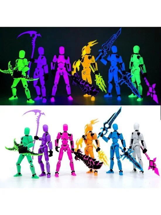 6-Pack Glowing 3D Printed Action Figures Set with Weapons - Colorful