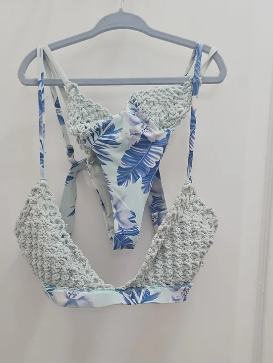 Frankie's Bikinis Light Blue and White Crochet One-Piece Swimsuit