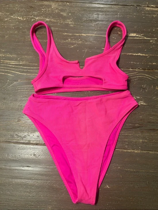 Frankie's Bikinis Neon Pink Ribbed Cutout One-Piece Swimsuit