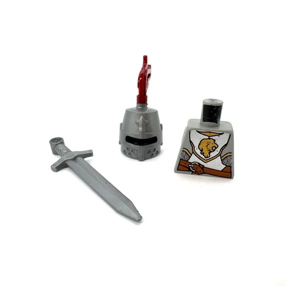 LEGO Castle Lion Knight Torso Silver Helmet Red Plume Greatsword Armor Lot