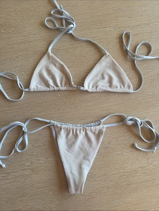 Frankie's Bikinis Baby blue Ribbed Triangle Tie-Side Bikini