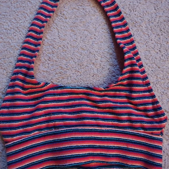 Frankie's Bikinis Red and Blue Striped Halter Bikini Top