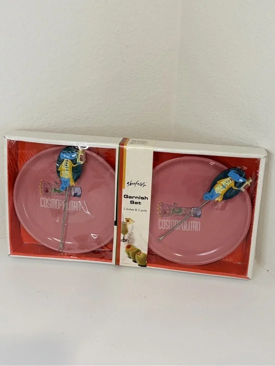 2008 Pink Cosmopolitan Garnish Set - 2 Dishes & 2 Picks