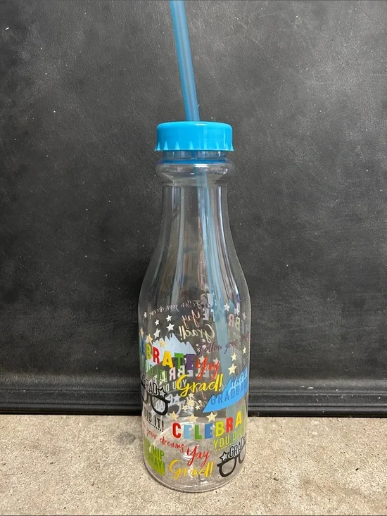 Graduation Celebration Plastic Drink Bottle with Blue Lid and Straw