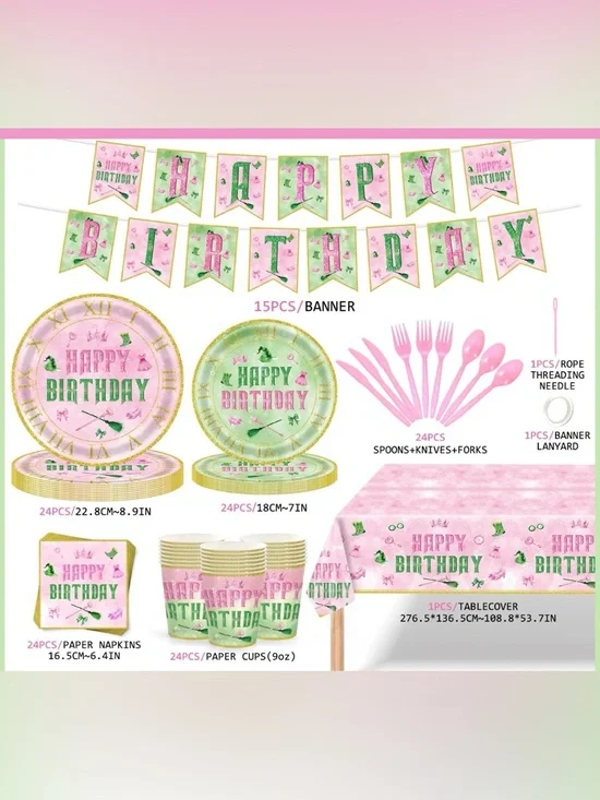 Wicked Party Tableware Set for 24- Pink & Mint Green Happy Birthday Collection