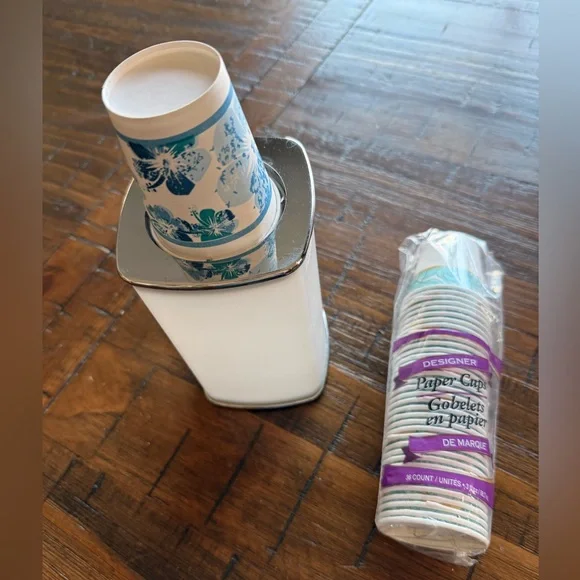 Paper Cup Dispenser Holder w/ 36 Designer 3oz Cups Floral Bathroom Kitchen Set