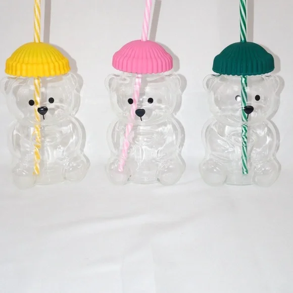 Set of 3-Cute Bear-Shaped Party Drink Bottles with Yellow, Pink, and Green Lids