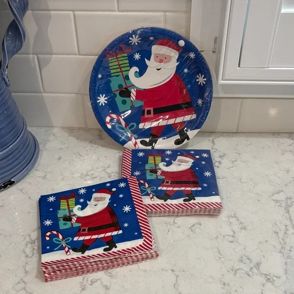 Festive Santa Paper Plates & Napkins Set - Blue & Red