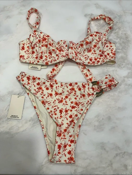 Monday Swimwear White & Red Floral Bikini Set