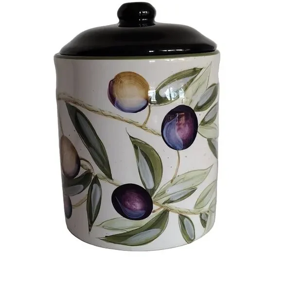 Pier One Ceramic Canister White Green Purple Black Olive Branch Fruit Kitchen 7