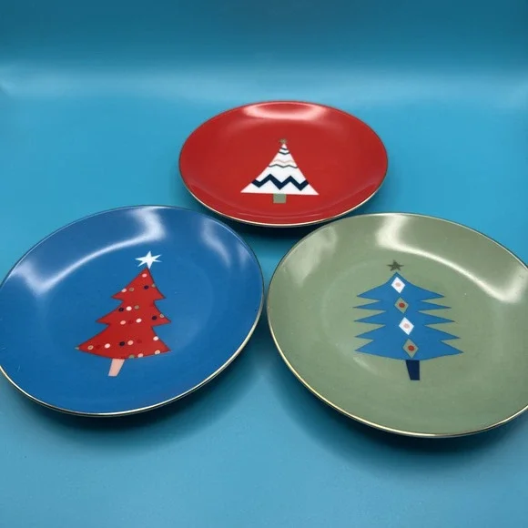 PIER 1 Christmas Tree Plate 3 Colors‎ Holiday Appetizer Canape Dessert 6