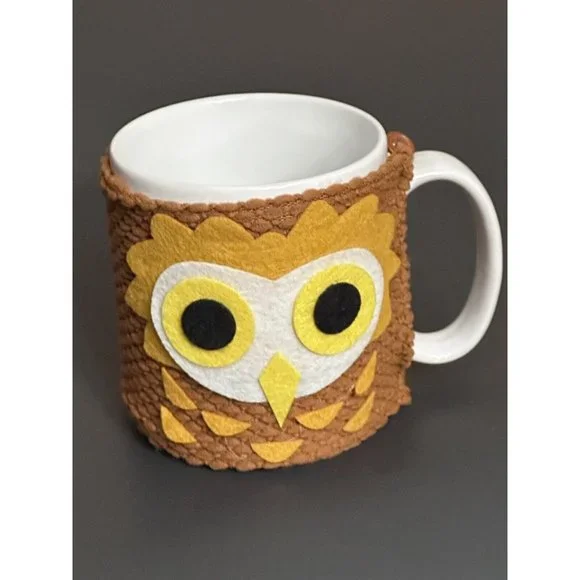Pier One Owl Coffee Mug‎ with Knit Cozy Brown White Ceramic Bird Cup