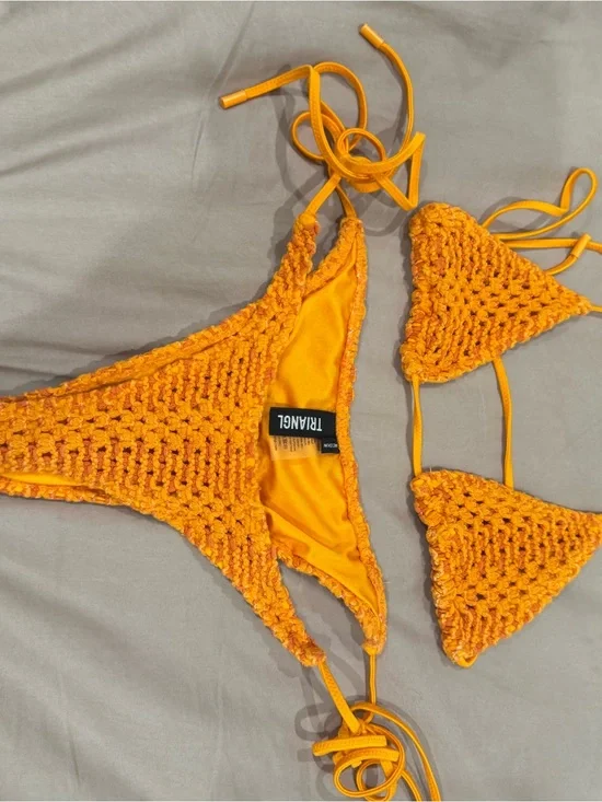 triangl swimwear Orange Crochet Triangle Bikini set, small top medium bottom