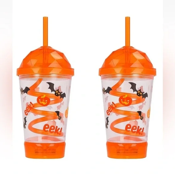 2pk Halloween Tumbler Light Up Cup with Straw Orange Bats Pumpkins New
