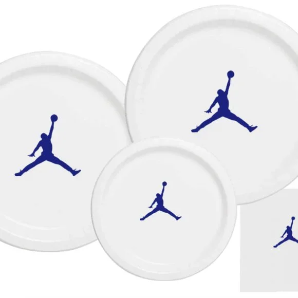 Jumpman Plates | White & Blue Basketball Party Paper Plates | 60 Disposable