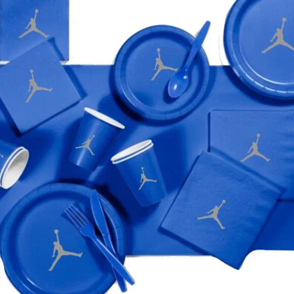 Custom shoe Paper Party Plates Set, Blue, 60 Count, Basketball Theme, Jumpman