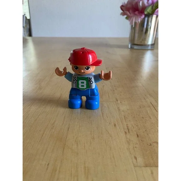 LEGO Duplo Boy Figure Red Baseball Cap Number 8 Jersey Blue Pants Freckles
